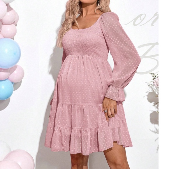 Maternity Polka Dot Shirred Bust Long Sleeve Ruffle Mini Dress - Picture 4 of 9